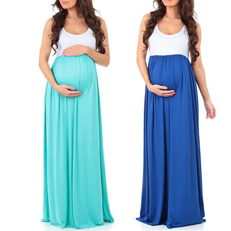 New Elegant Maternity Dresses Solid Color Round Neck Sleeveless Stitching Long Dresses Summer Maxi Dress Vestidos Nursing Dress