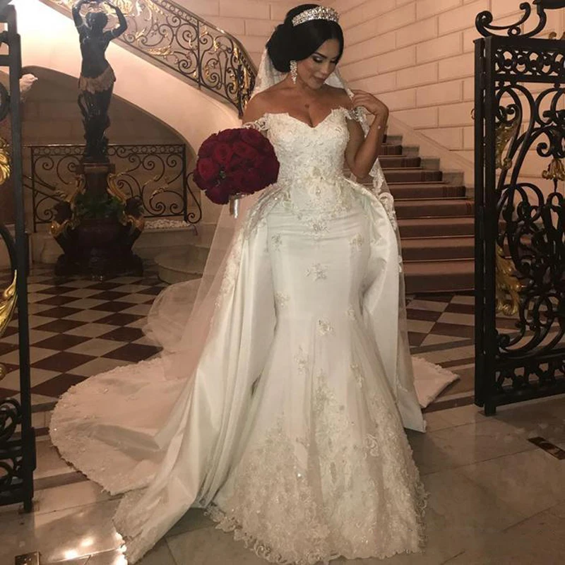 Luxury Lace Mermaid Wedding Dresses With Detachable Train Sheath Bridal Gown Hot Luxury Lace Mermaid Wedding Dresses With Detachable Train Sheath Bridal Gown Hot