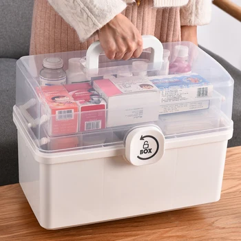 

3/2 Layer Portable First Aid Kit Storage Box Plastic Multi-Functional Family Emergency Kit Box with Handle XH8Z