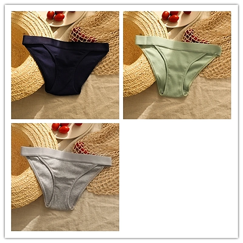 Blue Green Gray 3 шт., модные хлопковые трусы, сексуальные трусики для женщин, бесшовные трусики, бикини, стринги, женское нижнее белье, низкая посадка, дамское нижнее белье, однотонное - Цвет: Blue Green Gray