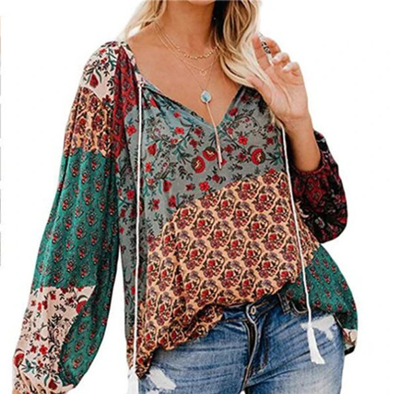 Осенний Женский цветочный принт большой v образный вырез с длинным рукавом