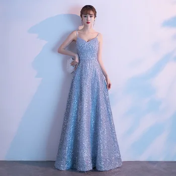 

Robe De Soiree New Sexy V Neck Spaghetti Straps Sequins Evening Dresses Long Wedding Party Gowns 2019 ES3092