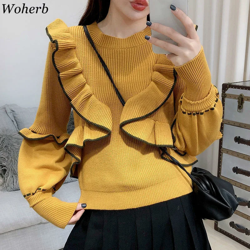 Woherb, с оборками, контрастный цвет, лоскутные пуловеры, джемперы с круглым вырезом, рукав-фонарик, свитер для женщин, винтажная мода, новая вязаная одежда 91510