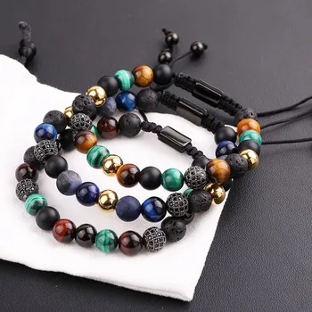 New Design Men Bracelet Natural Stone CZ Micro Pave Ball Friendship Macrame Adjustable Bacelet Men