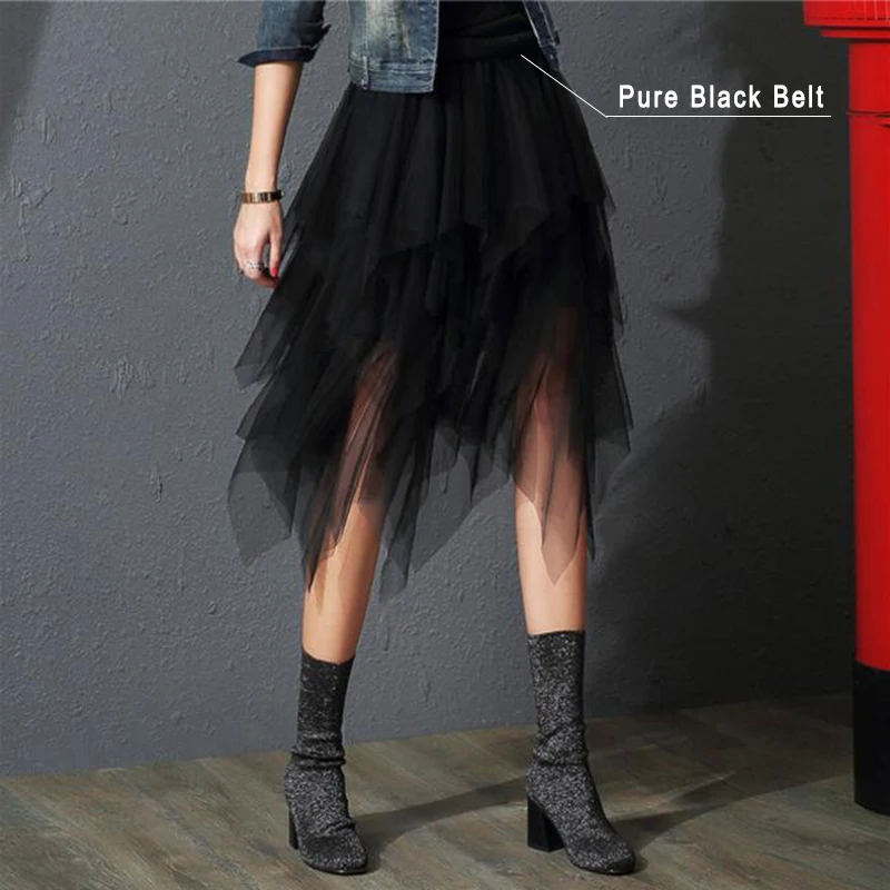 Pure Black Belt Женские фатиновые юбки, s Faldas Mujer Moda,, модные, эластичные, высокая талия, сетка, пачка, макси, плиссированная, длинная, миди, Saias Jupe, Женская юбка - Цвет: Pure Black Belt