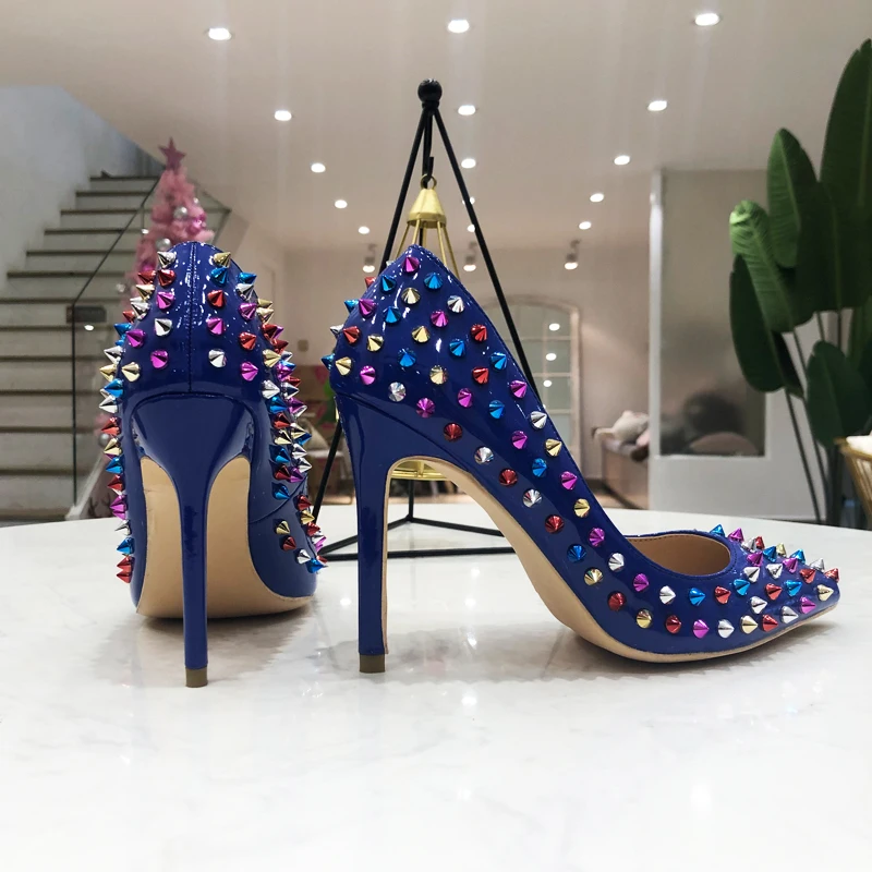 

Club Women Rivets Spikes Pointed toe Stiletto High Heels Sexy Leather Dress Pumps Women Sequined Wedding Shoes 8 10 12cm Heels