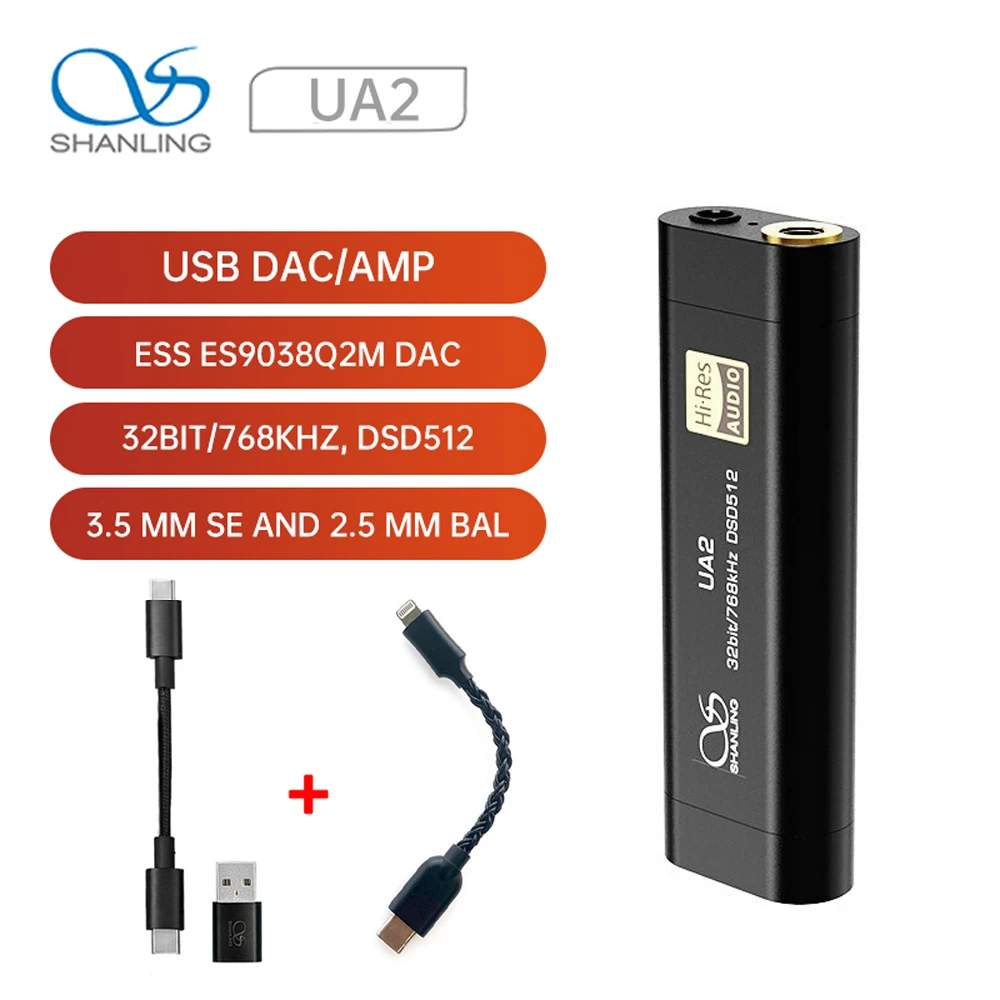

Shanling UA2 ES9038Q2M HIFI Audio Portable USB DAC Cable AMP 2.5mm Balanced 3.5mm Output PCM768 DSD512 Compatible iOS Android