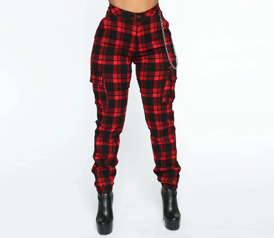 Sale High Waist Cargo Pants Women Winter Spring Pockets Ladies Vintage Plaid Print Pant Casual Loose pantalon Trousers D30 | Женская