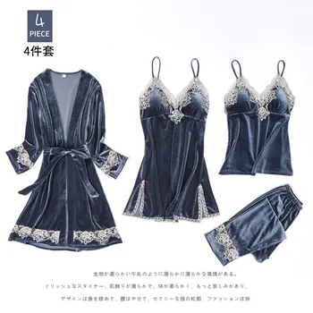 

Lady Kimono Gown Sexy Lace Patchwork Pijamas Suit Velour 4PCS Robe Set Lougne Nightwear Home Clothes Soft Sleepwear Wtih Belt