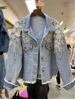 

2020 Spring Fall Cowboy Clothing Lady New Embroidery Beads Diamond Burrs Short Jeans Coat Women's Dneim Jacket Student Jean Tops