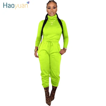

HAOYUAN Neon Two Piece Set Women Rave Festival Clothing Turtleneck Top and Pant Sweat Suits Fall 2 Piece Outfits Matching Sets