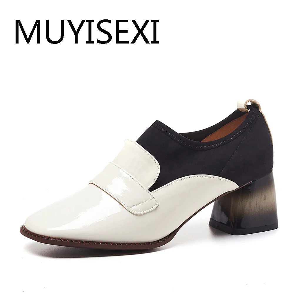 Autumn shoes women high heels fashion cow leather 6cm Square heel office loafers solid neutral casual SR05 MUYISEXI | Обувь