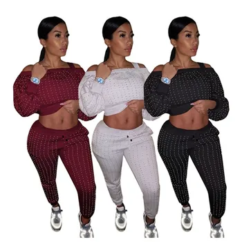 

New Style Women 2 Piece Set Sequin off Shoulder Long Sleeve Crop Top Sport Pants Active Wear Outfit Mujer Wholesale Dropshipping