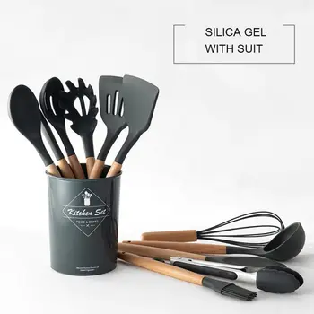 

11-piece Silicone Non-stick Kitchen Utensil Set Household Wooden Handle Turner Cooking Kitchenware High Quality Cooking Tools J