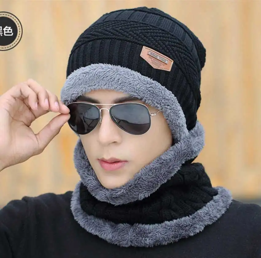 Black 2 Pcs Set Мужская зимняя вязаная шапка и шарф, набор перчаток, женская теплая плюшевая шапка, комплект из 3 предметов, Мужская Уличная Лыжная шапка, кольцо, шарфы, одноцветные мужские - Цвет: Black 2 Pcs Set