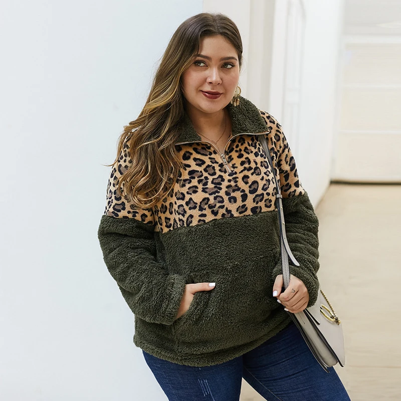 

Plus Size Plush Hoodies Women Autumn Winter Zipper Turtleneck Sweatshirts Female Casual Patchwork Warm Soft Leopard Hooded 2019