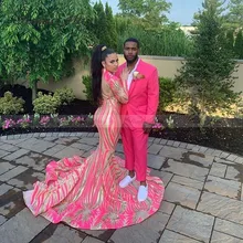 Ярко-розовое платье русалки с пайетками и длинными рукавами в африканском стиле для выпускного вечера, черное платье с высоким воротом и открытой спиной для девочек, выпускные платья 8-го класса Новинка года