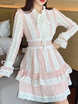 

Heavy craftsmanship applique stitching lace lace bow tie multi-level dress ladies autumn new style personality free shipping