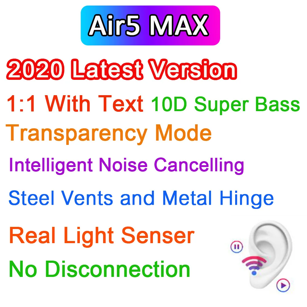 Беспроводные Bluetooth наушники Air5 MAX TWS 1:1 без отключения спортивные Muisc 10D Super Bass PK i9000
