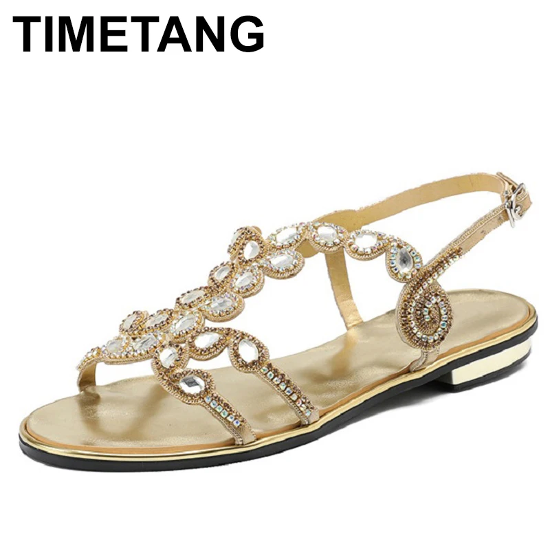 TIMETANG2019Summer со стразами элегантное большого размера с поясом, расшитым кристаллами и пряжкой повседневная обувь золото серебристый, черный толстый каблук SandalsE1087