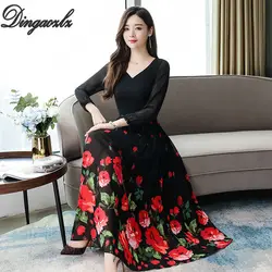 Dingaozlz женское шифоновое платье осень 2019 Новое Стильное Цветочное платье с v-образным вырезом и длинным рукавом плюс размер