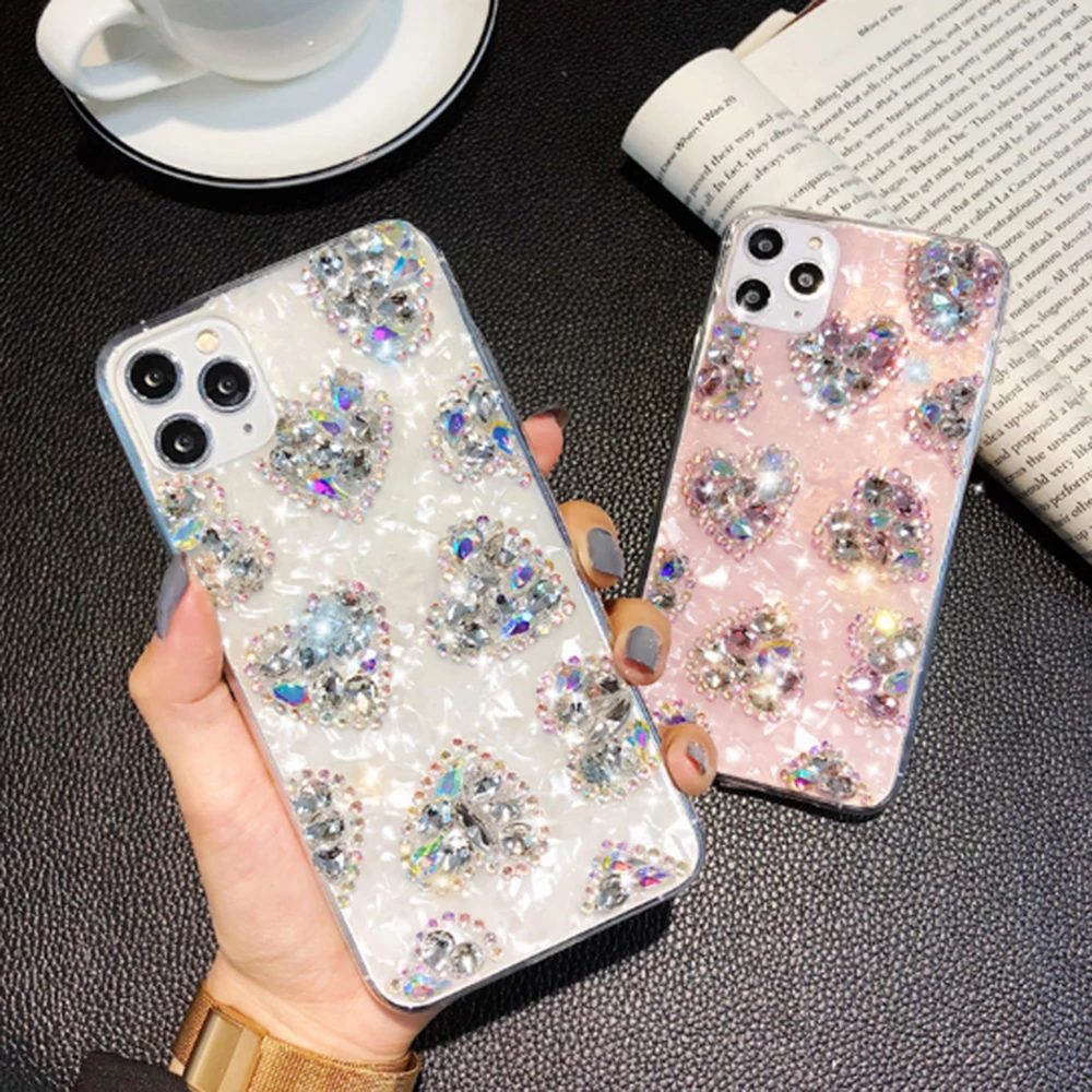 Модный Блестящий Прозрачный чехол со стразами и сердечками для iPhone 11 Pro X XS Max 7 8 6 6s