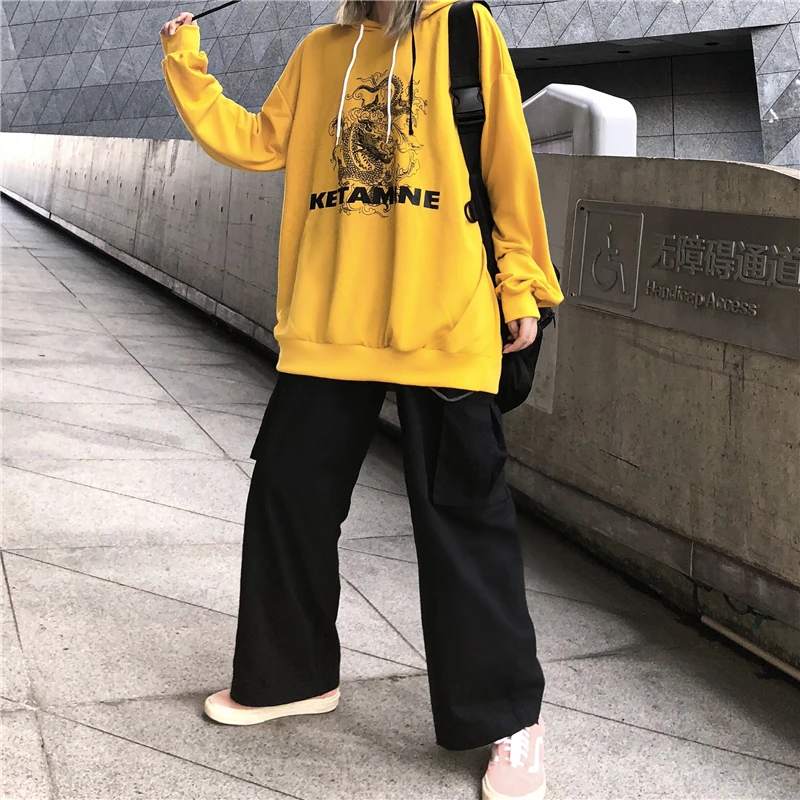 LMCAVASUN Harajuku Винтажная с драконом печать толстовки осень уличная свободная длинный рукав с капюшоном Пуловеры Толстовка для женщин и мужчин Топ