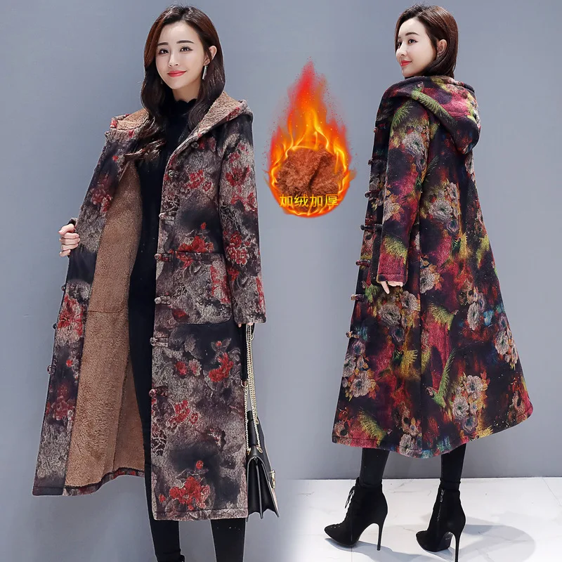 

Photo Shoot Large Size Western Style Ethnic-Style Hooded Coat Women's Mid-length plus Velvet Winter Retro Warm Cotton-padded Clo