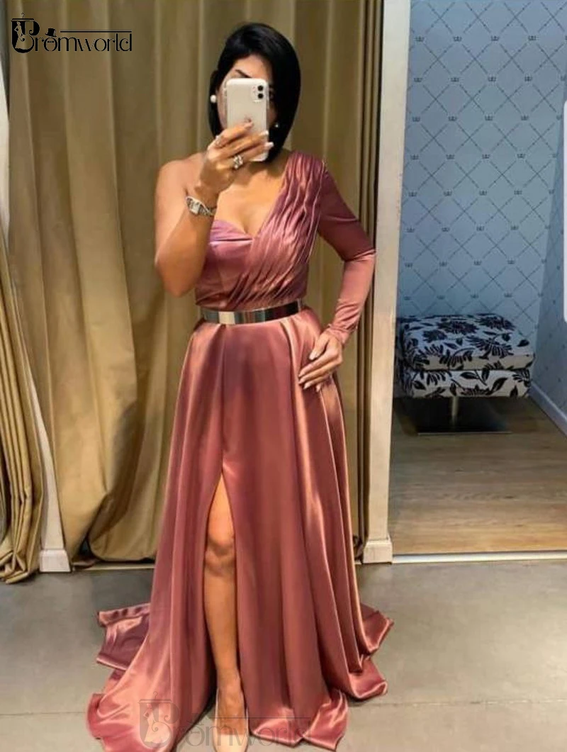 Rose Gold Prom Dresses Long 2021 Evening Dress with Belt Sexy Slit One Shoulder Sleeve Satin A-Line Simple Party Gowns | Свадьбы и