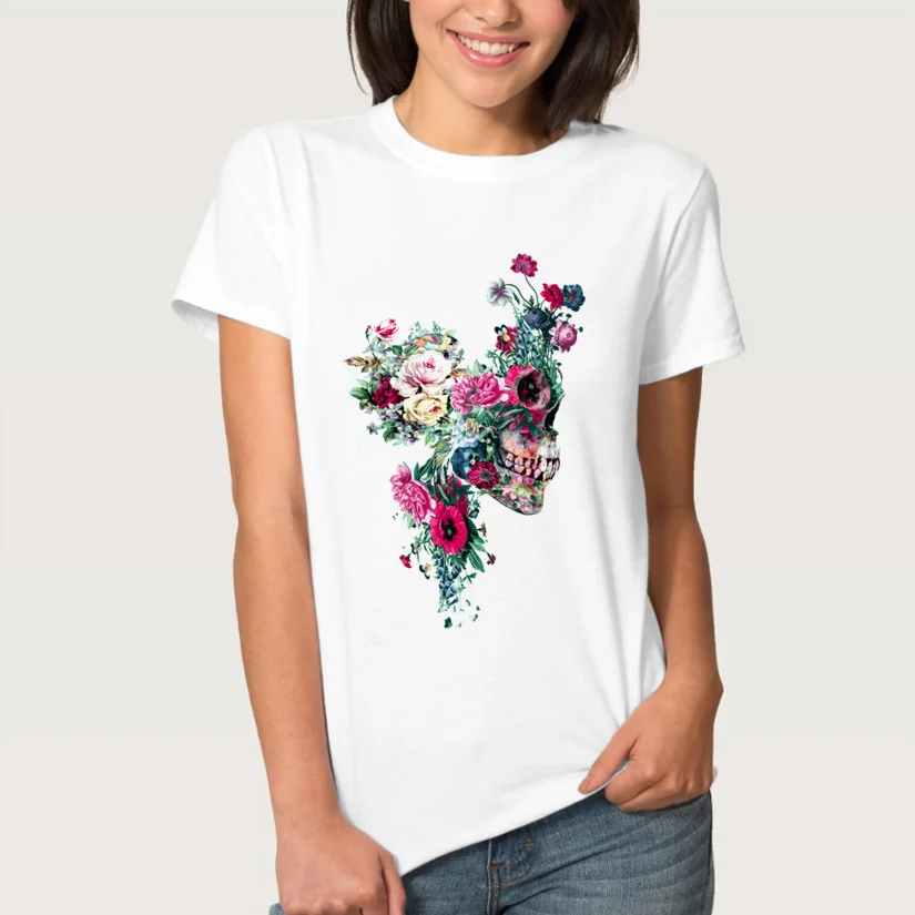 

Popular Customized Printed Tops 2019 Women Fashion Tees Men's Summer Hipster Floral Skulls Design T Shirt