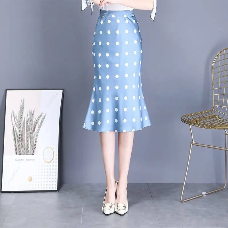 

Korean England Office Lady Simple Dot Satin Elegant Summer Midi Length Skirt Women Faldas Mujer Moda Skirts Women Plus Size XXXL