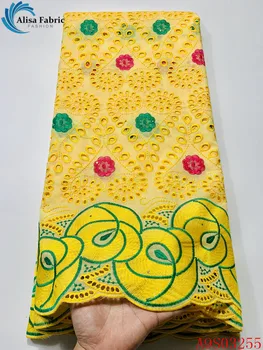 

Alisa yellow african dry lace 100% cotton fabric hollow out design embroidered with stones swiss voile laces fabrics for sewing