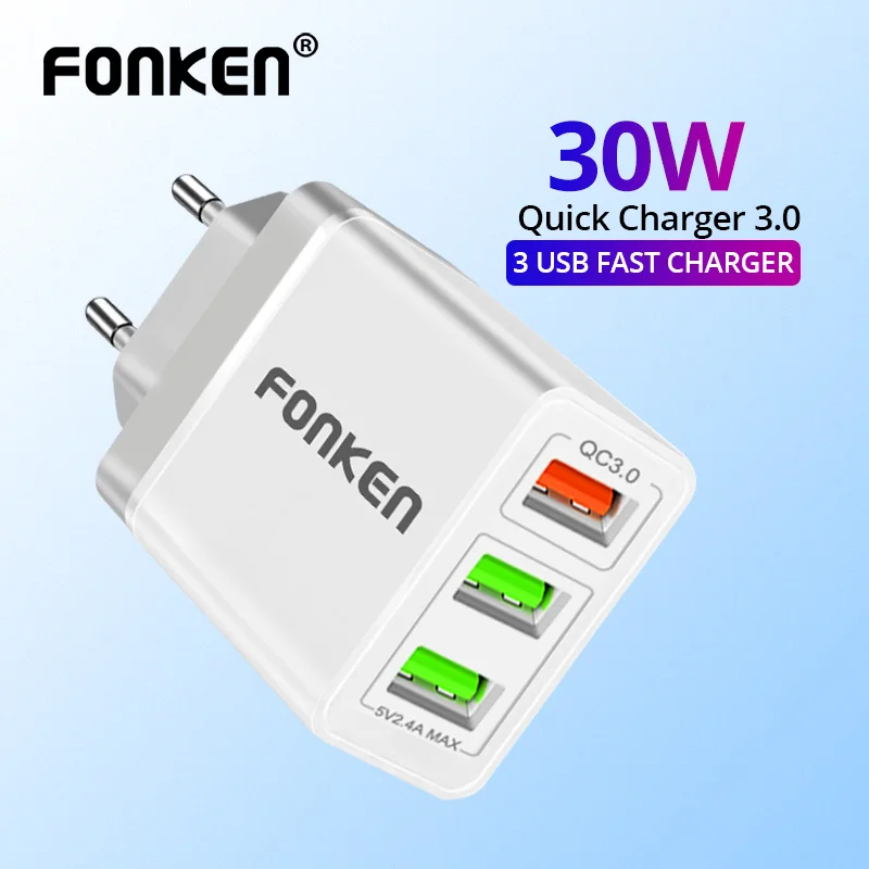 Зарядное устройство FONKEN с 3 USB-портами адаптер для быстрой зарядки 30 Вт QC3.0 макс.