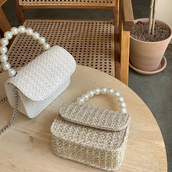 

NEW Women rattan bag beach straw pearl totes bag woven natural basket shoulder messenger bag 2020 summer fashion