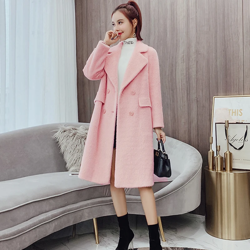 

Pink Loose Woolen Jacket Long Women Coats Hepburn style Jacket Gold Mink Cashmere 2019 New Autumn Temperament Overcoat AN317