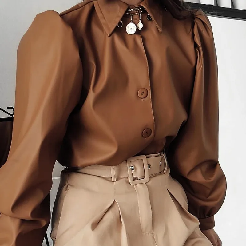 Осень зима женский сексуальный кожаный пиджак длинный Пышный рукав однобортный уличная мода верхняя одежда Коричневое Пальто модная одежда