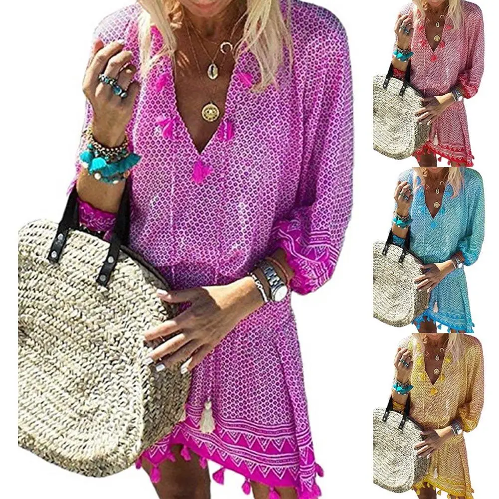 

HOT SALES!!! New Arrival Boho Lady Summer Beach Crochet Tassel Deep V Cropped Sleeve Elastic Waist Mini Dress Plus Size S-XL