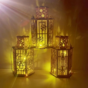 

Christmas DIY Wooden Hexagon Lantern Xmas Tree/Five-pointed Star/Snowflake Light