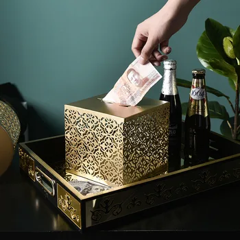 

European Luxury Hollow Gold Iron Piggy Bank Paper Adults Money Box Home Decoration Crafts Christmas Gift