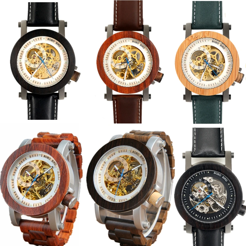 BOBO BIRD Wood Mechanical Watch Men Leather Automatic Clock Sandalwood Luminous Wristwatch Male Christmas Present Waterproof mechanical watch