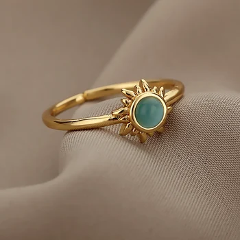 Vintage Opal Rings For Women Stainless Steel Sun Rings Moonstone Ring Two Colors Accessories Jewelry Gift Best Friend Mom Bijoux