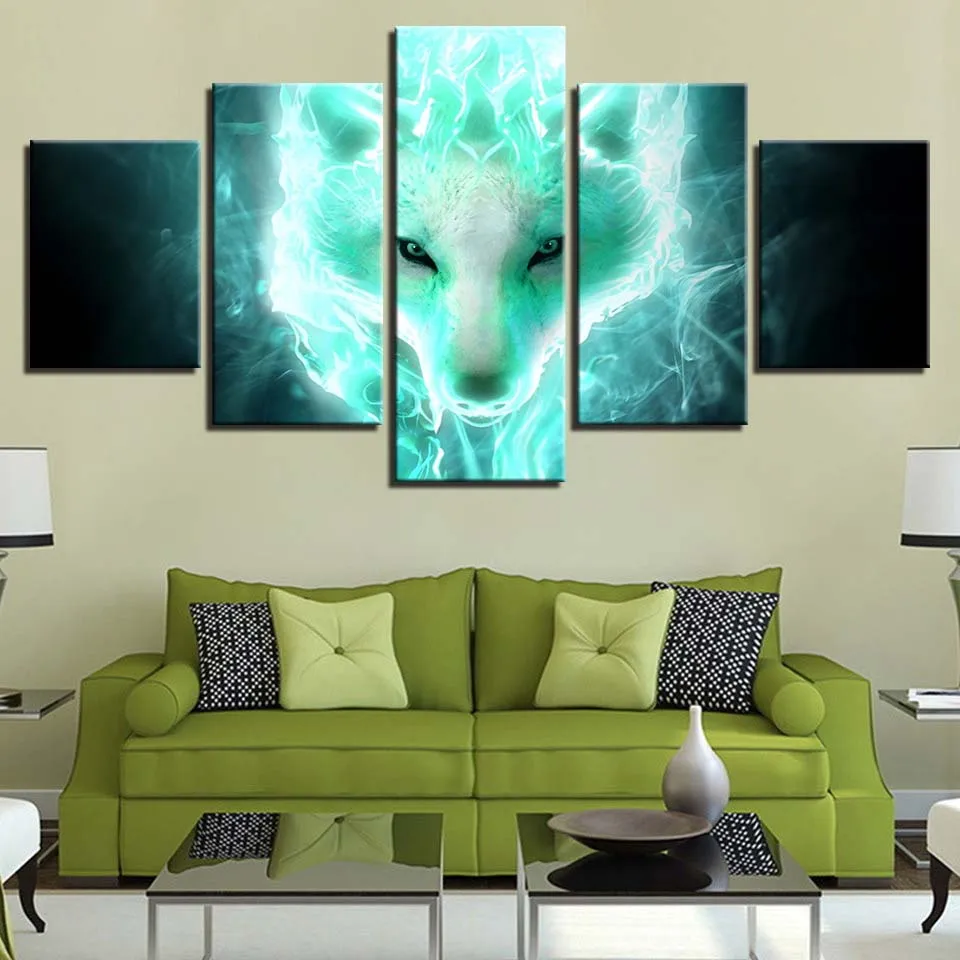 

Green light white wolf avatar poster 5pcs Modern Home Wall Decor Canvas Picture Art HD Print Painting On Canvas for Living Room