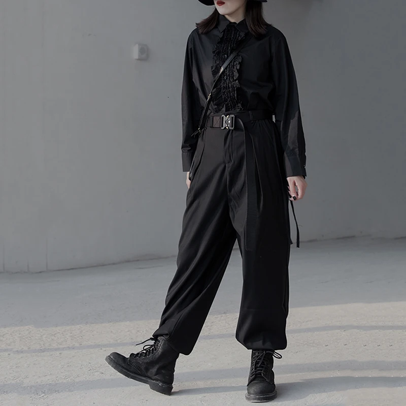 [EAM] Черные Длинные свободные брюки с высокой эластичной талией для отдыха, новые свободные брюки для женщин, модные весенне-осенние 1K494
