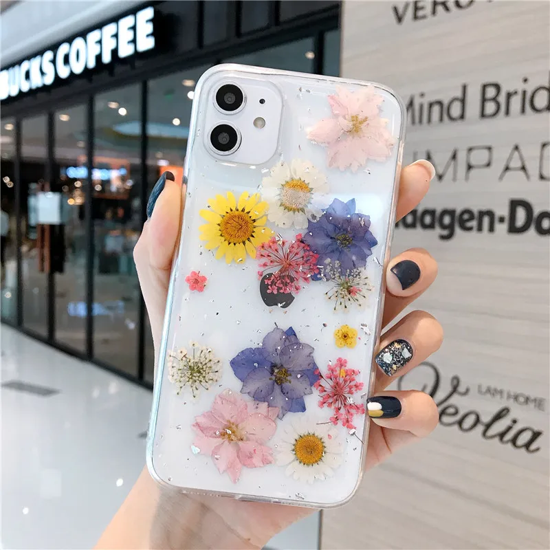 Прозрачный чехол для телефона с настоящими высушенными маргаритками iPhone 12 11 Pro Max