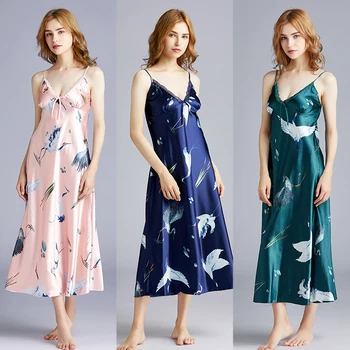 

New 2020 Fashion Style Imitation Silk Sexy Nightgown Ladies Spring and Summer Long Simple and Elegant Women's Halter Sleepwear