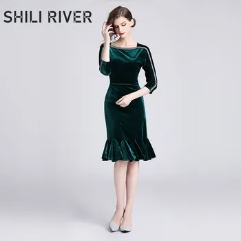

New spring autumn knee length dress for women slim sexy casual elegant O neck velvet vintage green basic fishtail dress