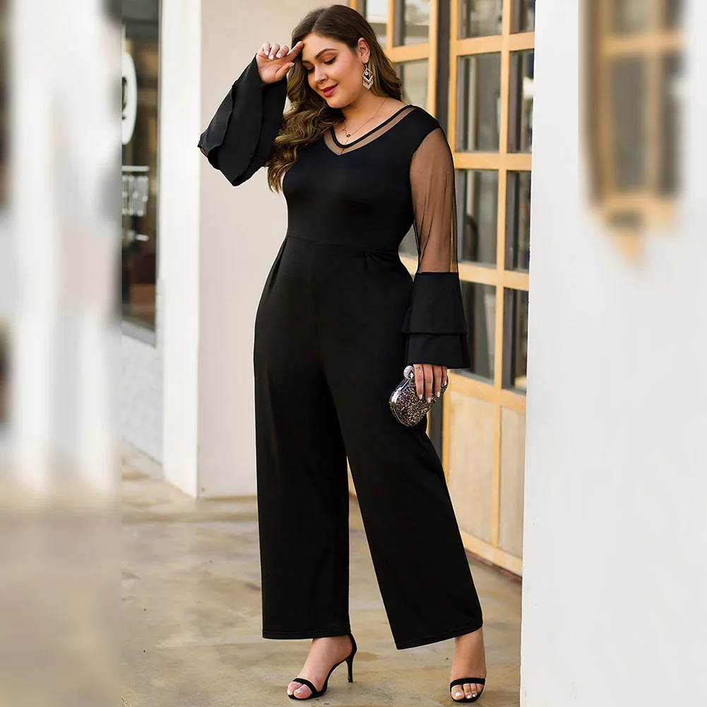 Autumn Large size Rompers Flare sleeve Sexy V Neck Womens Jumpsuit Ladies Party Regular Mesh Sleevee Club Wide Leg Pants