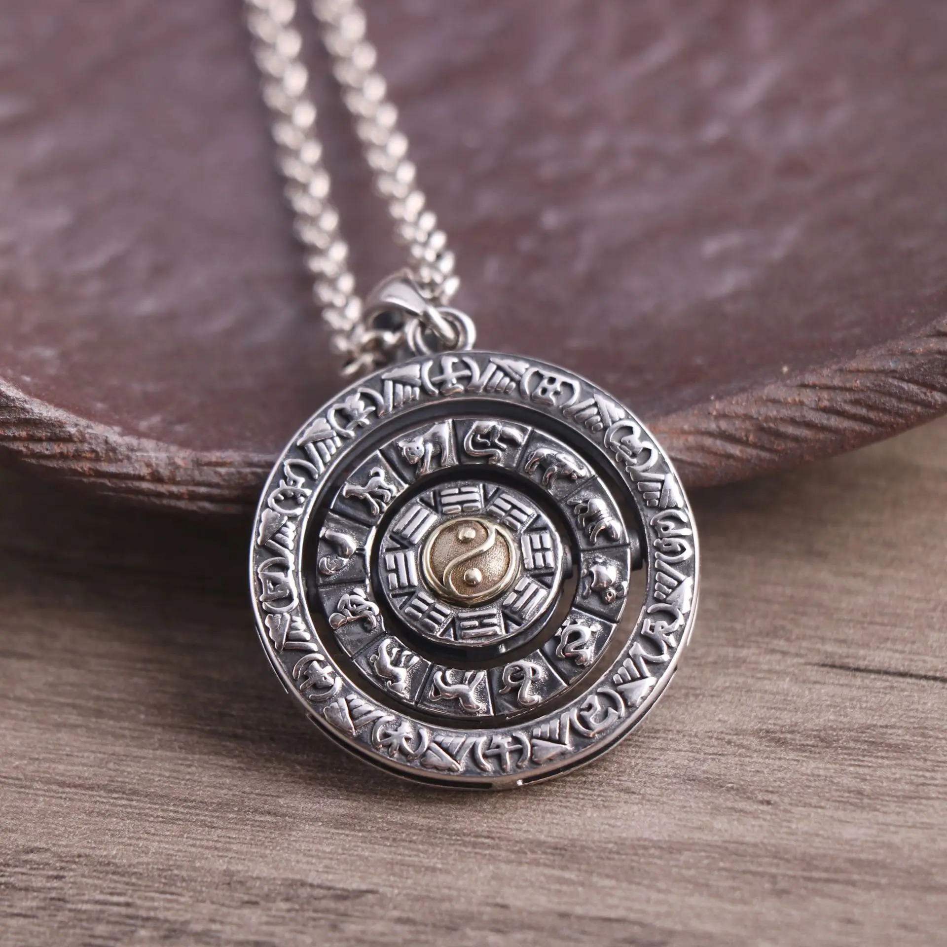 100% S925 Silver Jewelry Zodiac Signs Nine Palaces and Eight Trigrams  Taoism Yin and Yang Tai Chi Trendy Good Luck Man Pendant