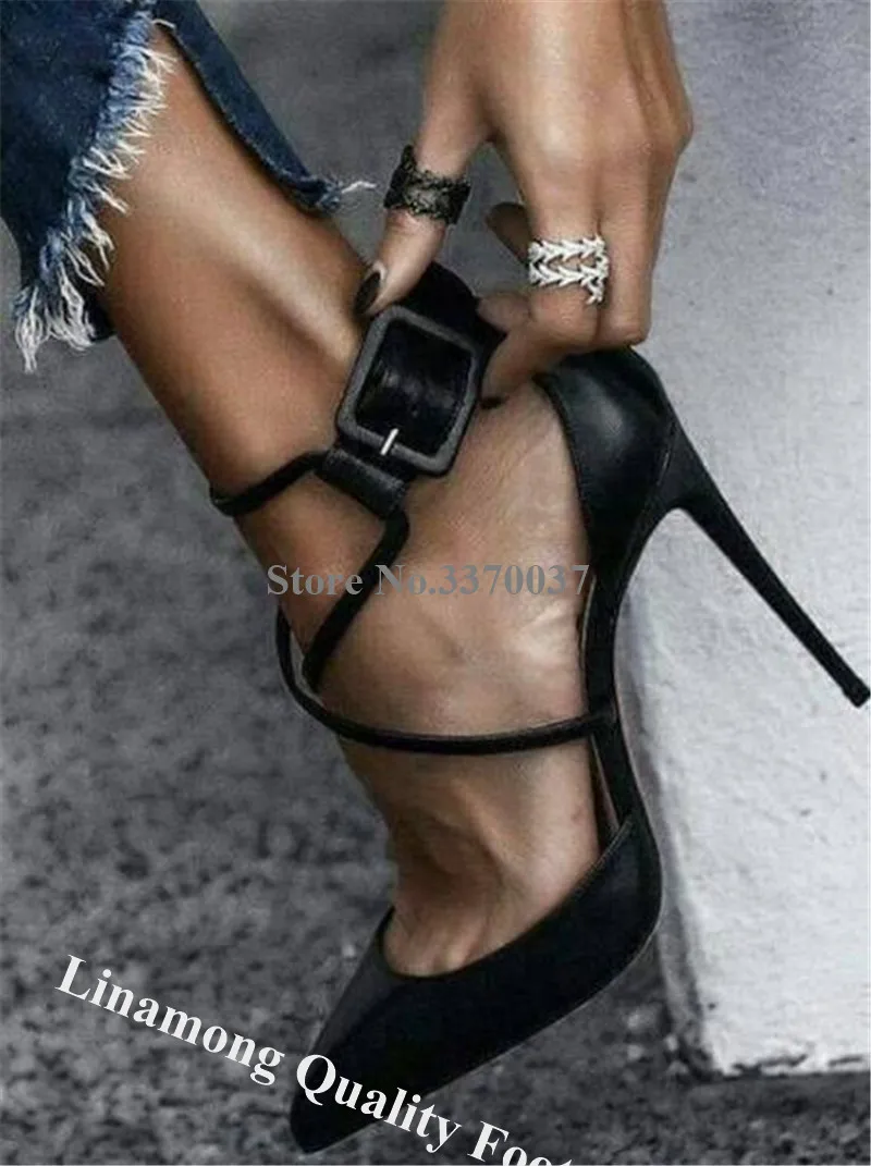 Элегантная женская обувь с острым носком из кожи и замши на шпильке лодочки с ремешками с пряжкой и перекрестными ремешками; босоножки на высоком каблуке Представительская обувь