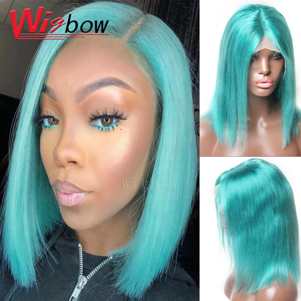 

Light Green Short Bob Lace Front Human Hair Wigs Brazilian Green Human Hair Wig For Black Women 130 150 Density 13x6 Lace Wig